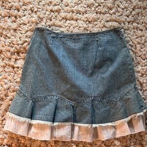 Denim Mini Skirt with Eyelet Ruffle Trim - Blue